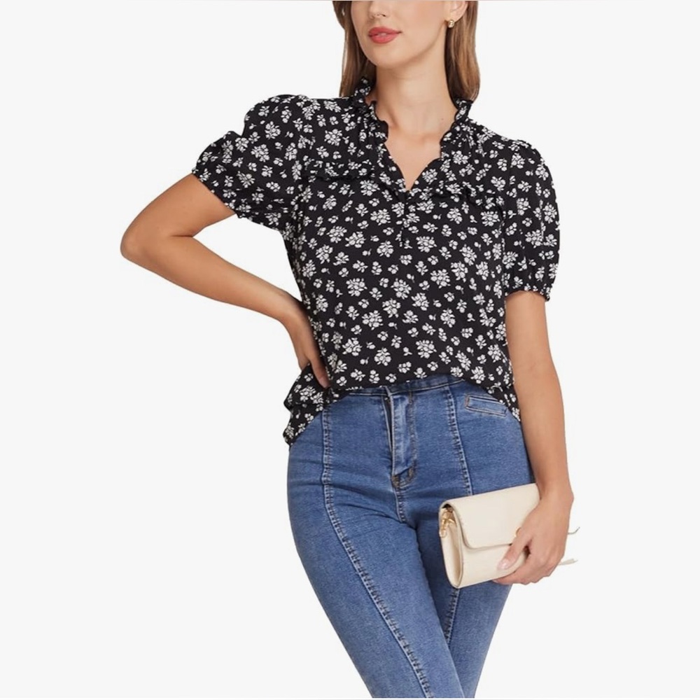 Amazon Black Floral Puff-Sleeve Blouse